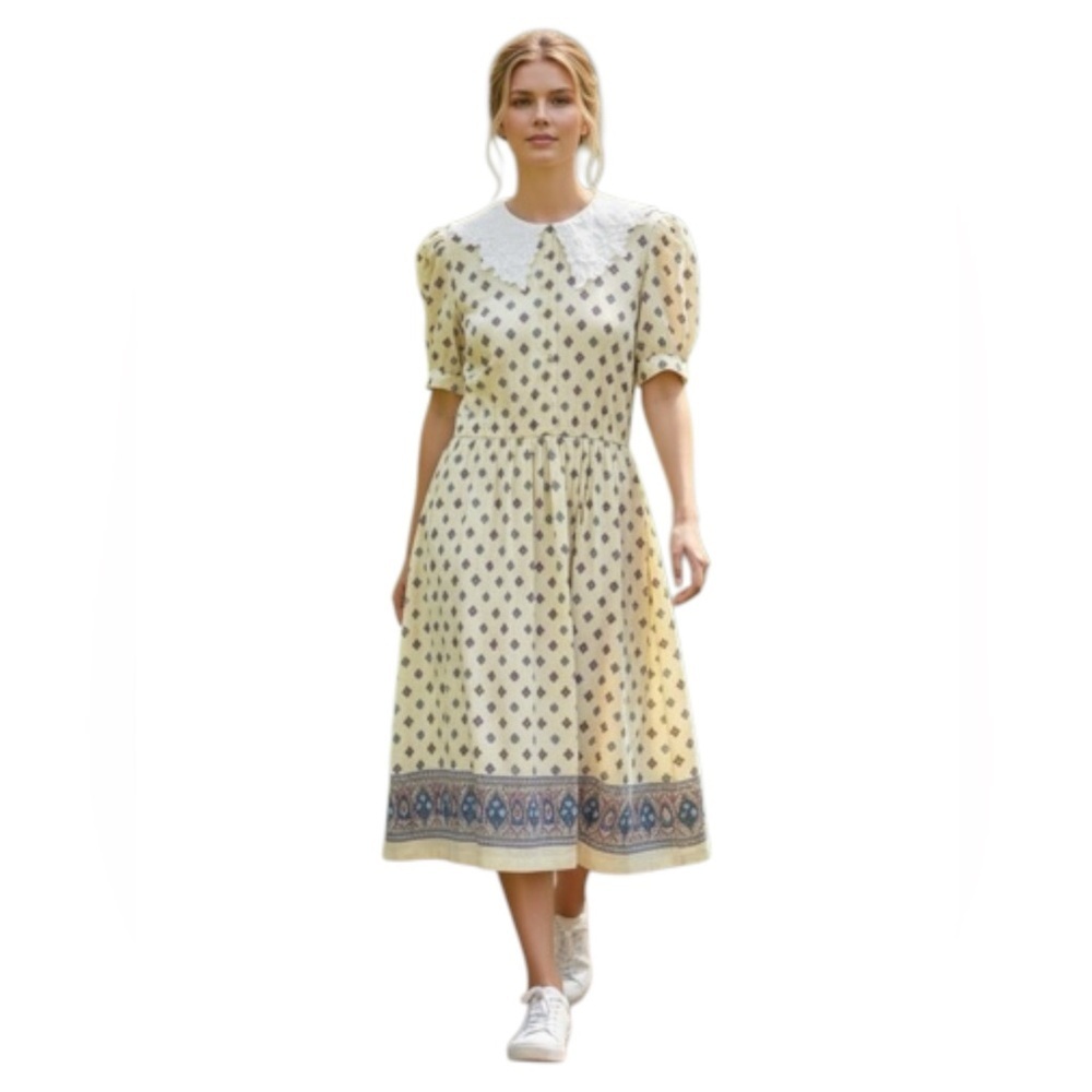 Vintage 70s Beige Midi Dress Peter Pan Lace Collar Sz M Puff Sleeve Union Tag
